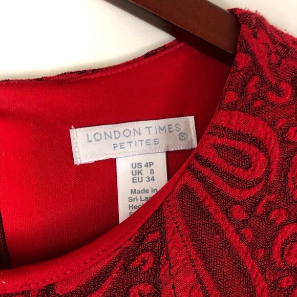 London Times Red Lace Dress Bodycon Cocktail Sheath 3/4 Sleeve Size 4 Petite - Picture 4 of 9